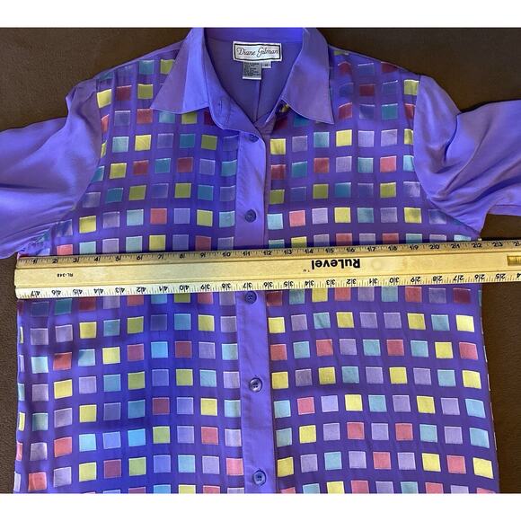 Vtg Diane Gilman Sz M 100% Silk Purple Watercolor Tile RARE Button Up LS Shirt - Picture 8 of 10